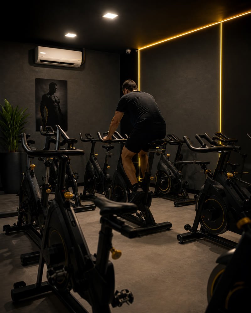 Sala de spinning com bikes enfileiradas
